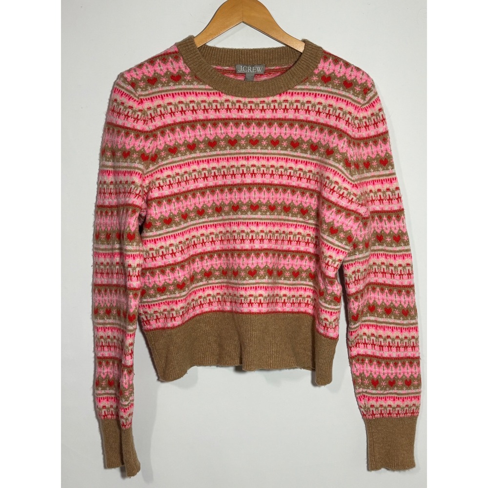 J.Crew Sweater Women Large Pink Heart Fair‎ Isle Lambswool Blend Brown Pullover